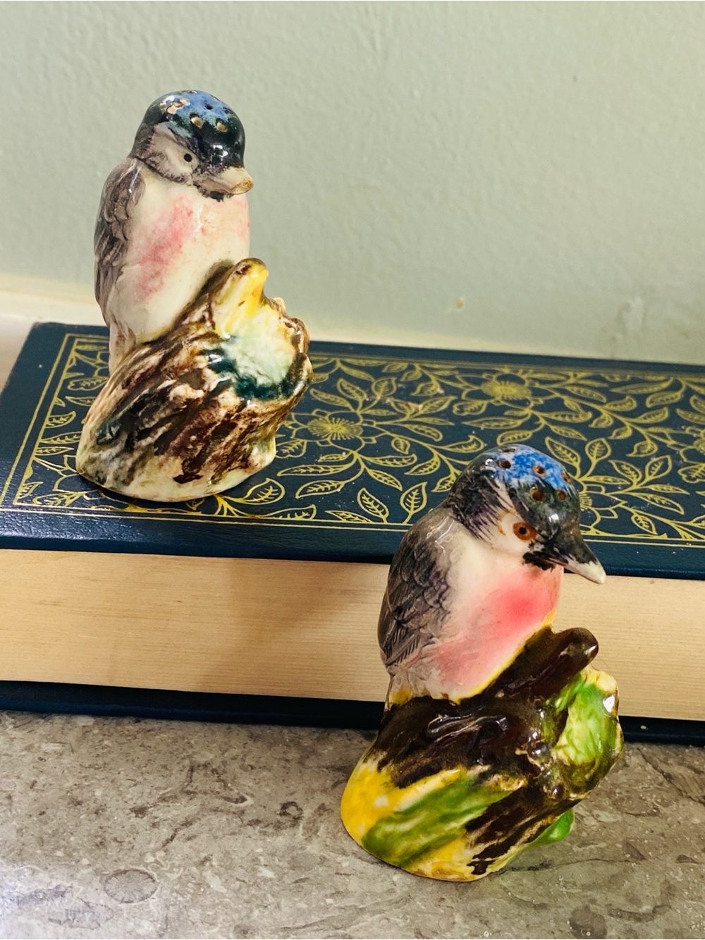 Vintage 50s  Bird Salt and Pepper set Hand-Painted Pink & Blue Accent